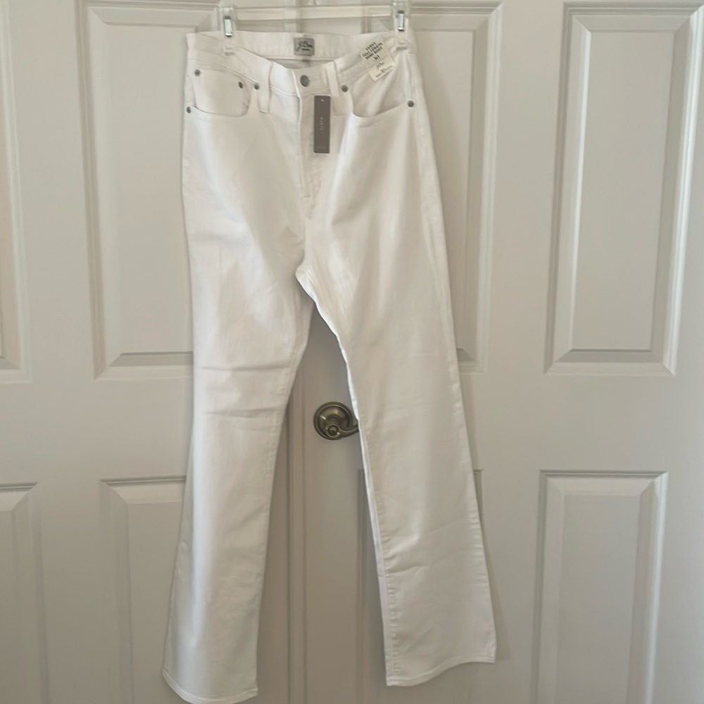 J Crew white denim high waisted jeans. Curvy full length Demi boot size 30.